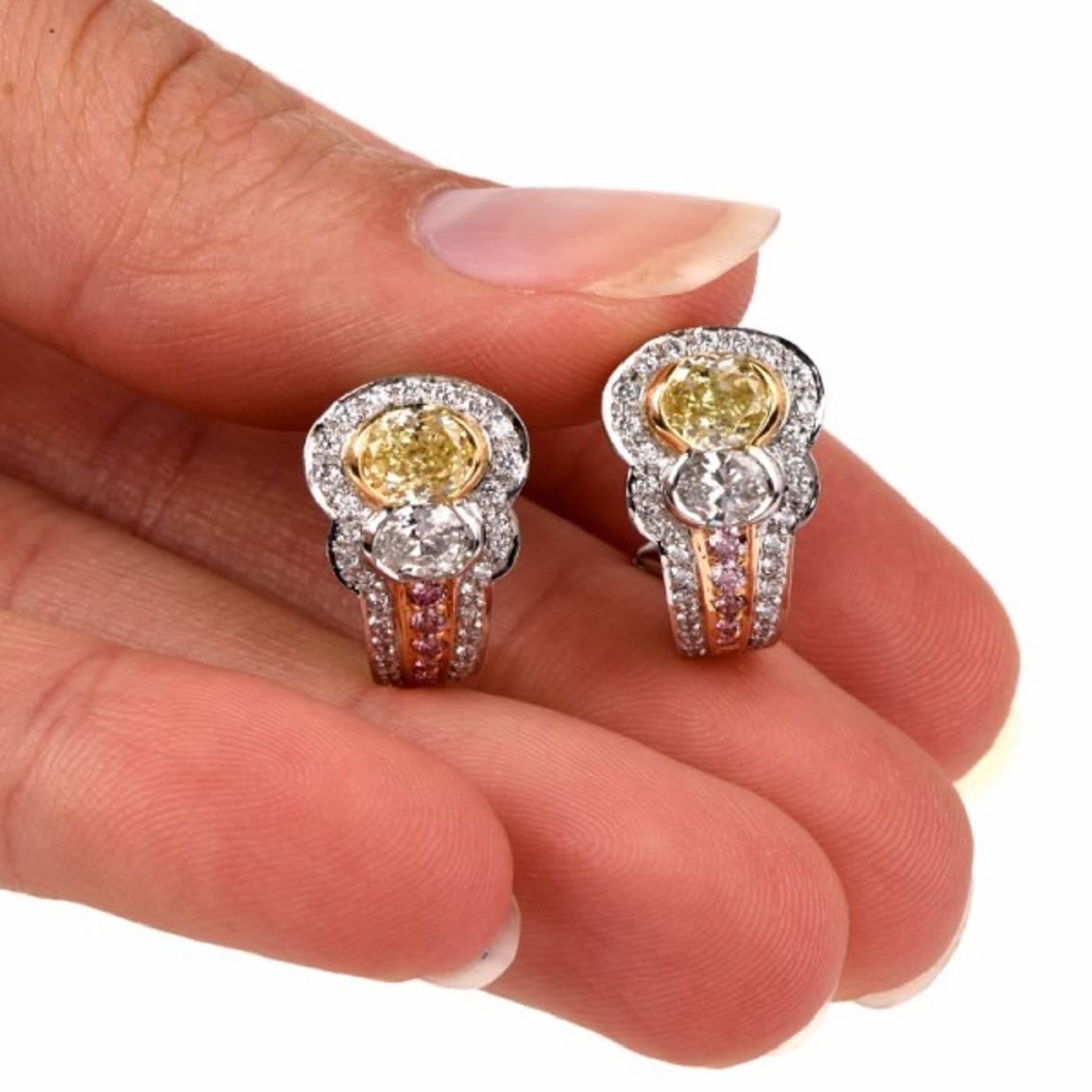 Women's C. Krypell Natural Fancy Yellow and Pink Diamond Platinum Earrings