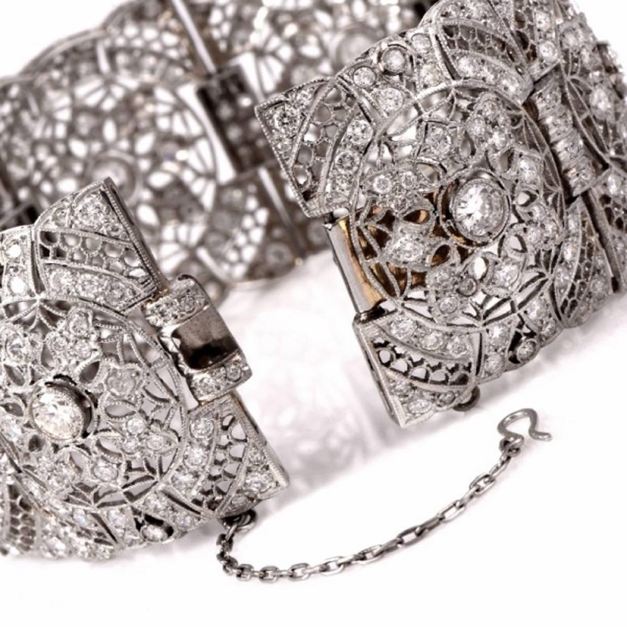 Women's Art Deco Diamond Platinum Filigree Link Bracelet