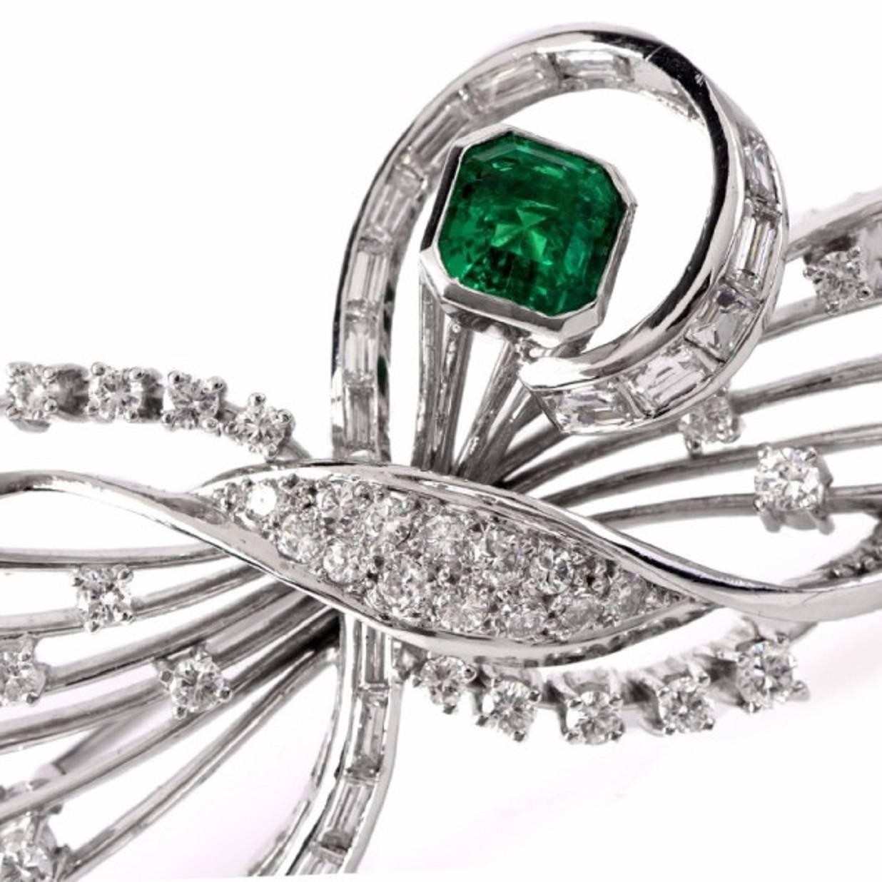 Modern Emerald Diamond Platinum Floral Motif Pin Brooch