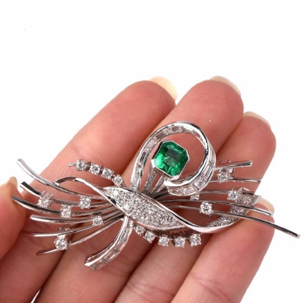 Emerald Diamond Platinum Floral Motif Pin Brooch In Excellent Condition In Miami, FL