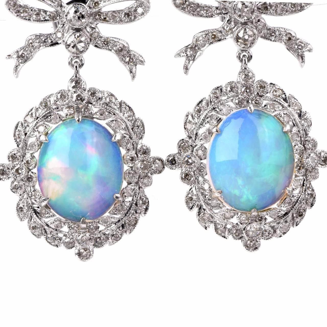 Modern  Diamond Opal White Gold Bow Drop Pendant Earrings