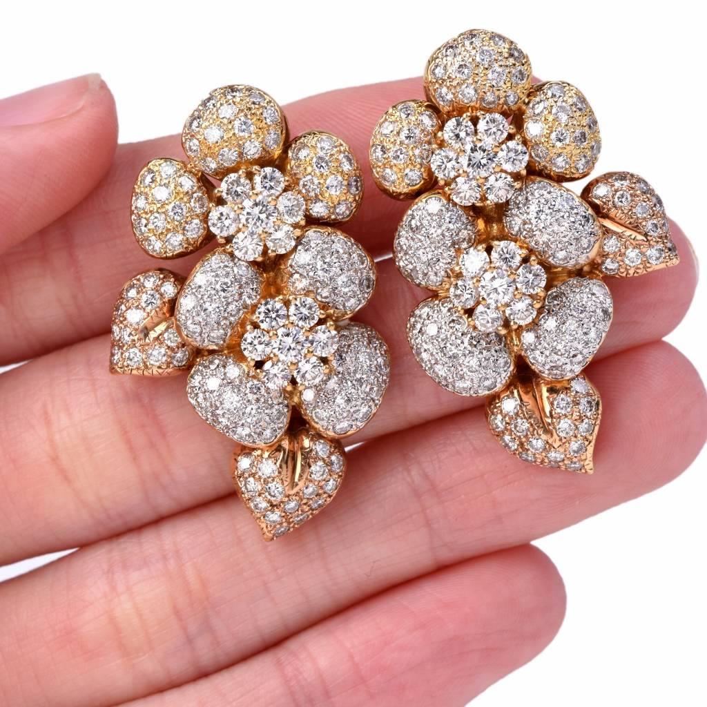Women's Large Diamond  Cluster clip-on 18k  Gold Earrings