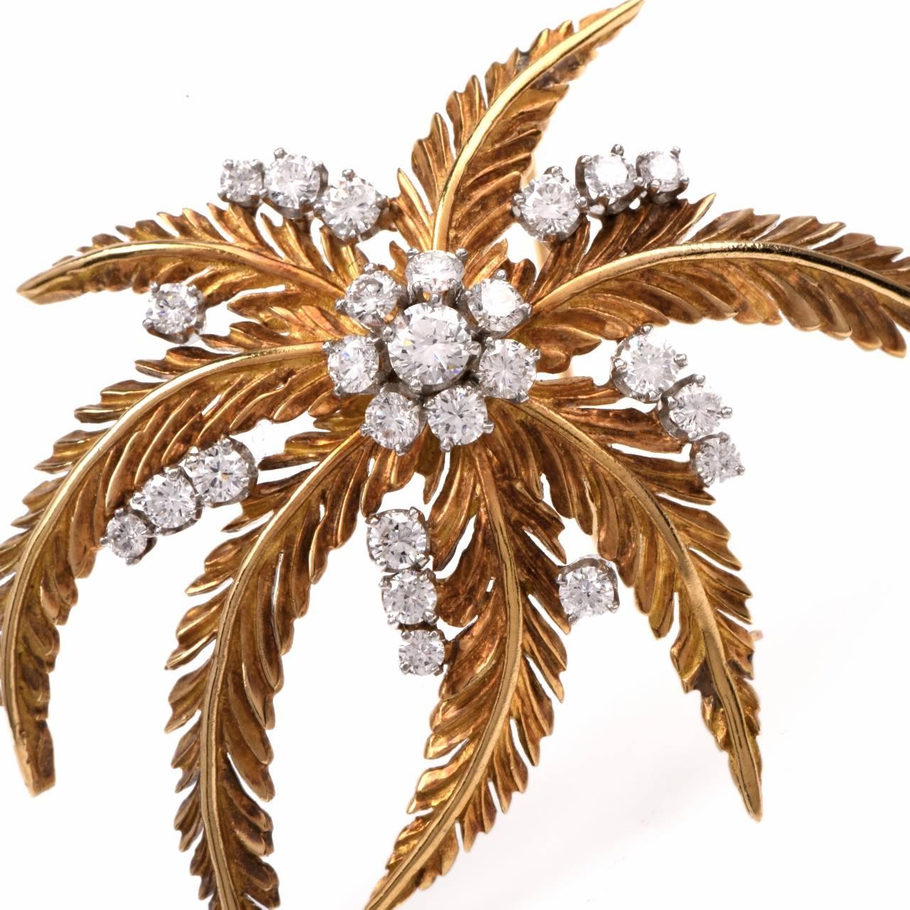 Women's or Men's 1960s Diamond Gold Palm Tree Brooch Pin