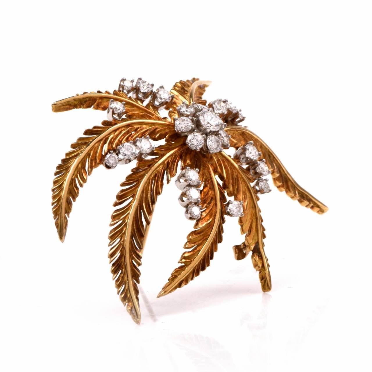This Charming vintage pin, palm tree inspired pin is handcrafted in solid 18K yellow gold, weighing approx: 17.5 grams and measuring approx: 56mm wide. This pin exposes a lovely palm tree detailed design with a flower accenting the center. The