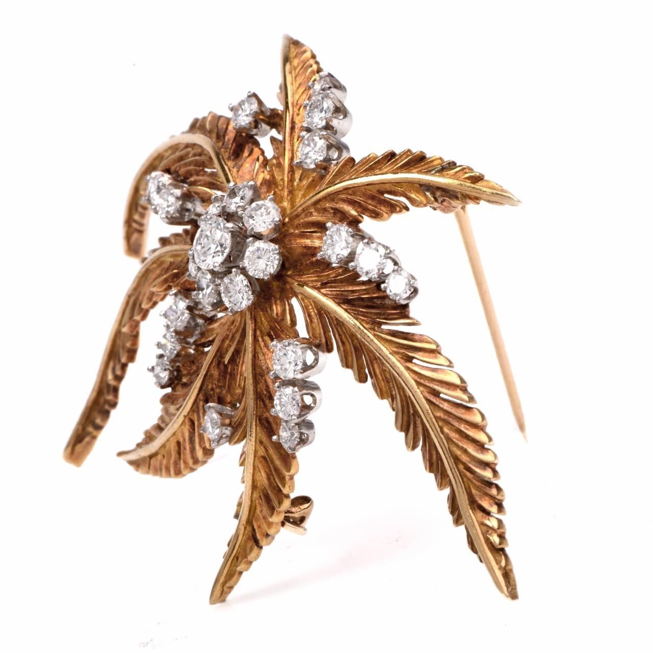 1960s Diamond Gold Palm Tree Brooch Pin In Excellent Condition In Miami, FL
