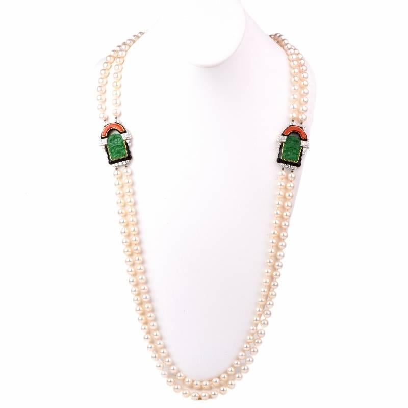 This estate diamond, jade and coral pearl strand necklace weighs approx: 161.20 grams and measures approx: 17 1/2