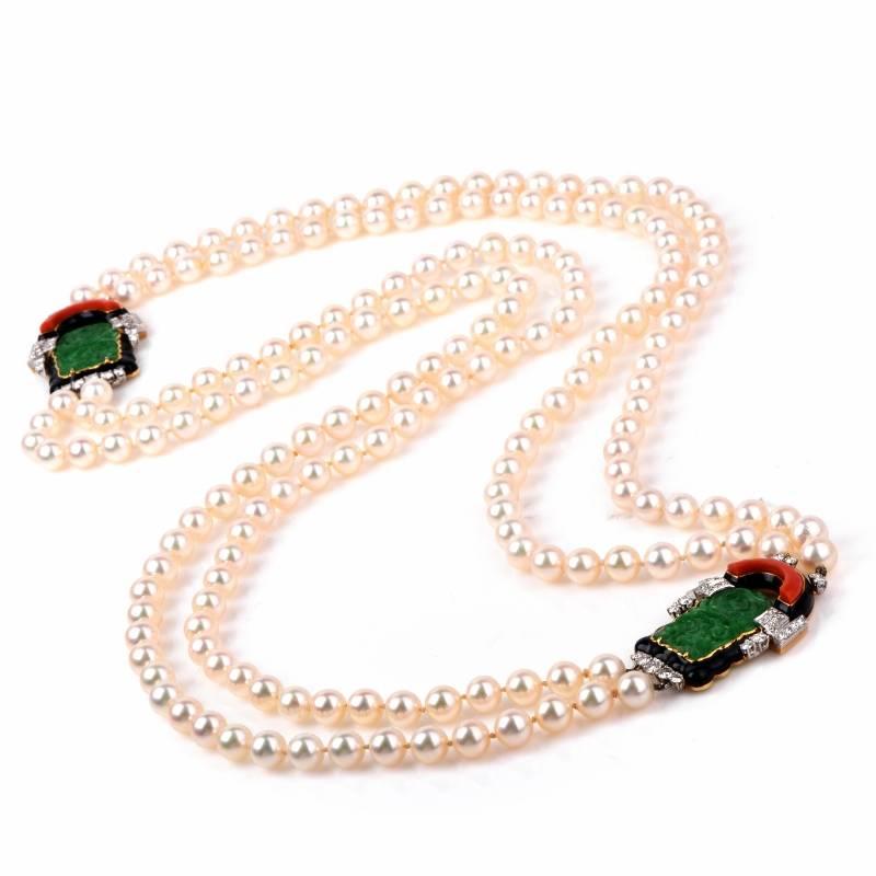 Retro Jade Coral Pearl Diamond Double Strand Necklace
