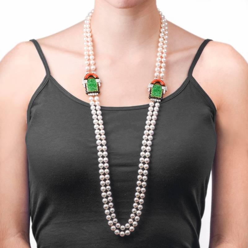 Jade Coral Pearl Diamond Double Strand Necklace 1