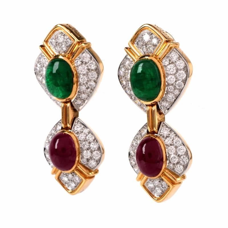 These estate diamond earrings are made by famous designer Verdura. These  drop clip-on earrings are crafted in solid 18K yellow gold, weighing approx: 33.2 grams and measuring approx: 44mm long x 21mm wide.  Showcasing two oval drops beautifully