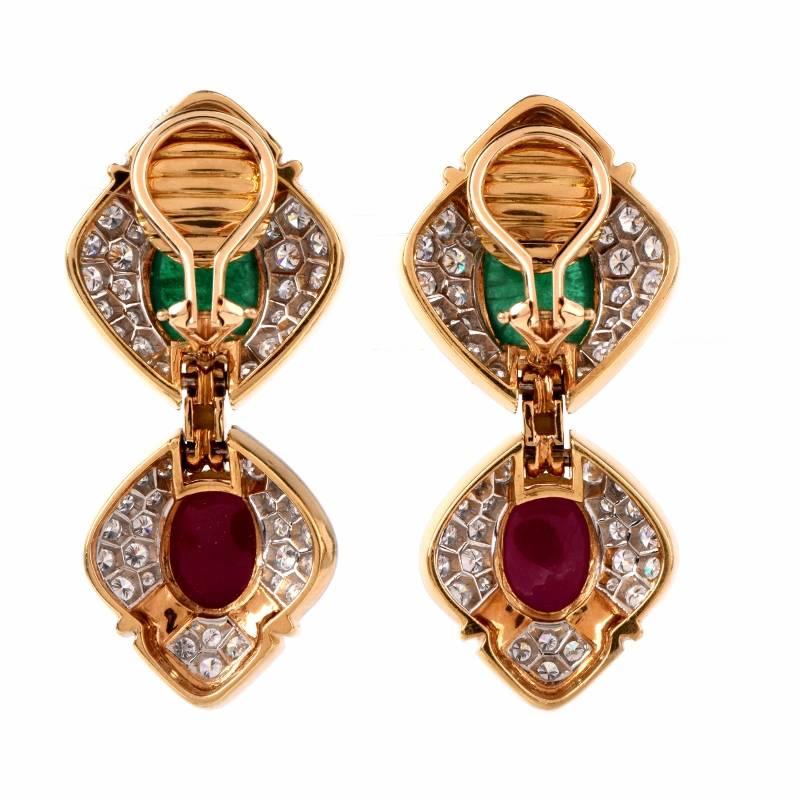 Modern 1980s Verdura Ruby Emerald Diamond Gold Clip-On Earrings