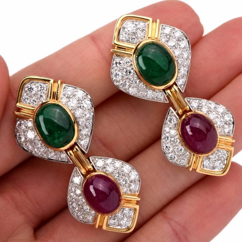 Women's 1980s Verdura Ruby Emerald Diamond Gold Clip-On Earrings