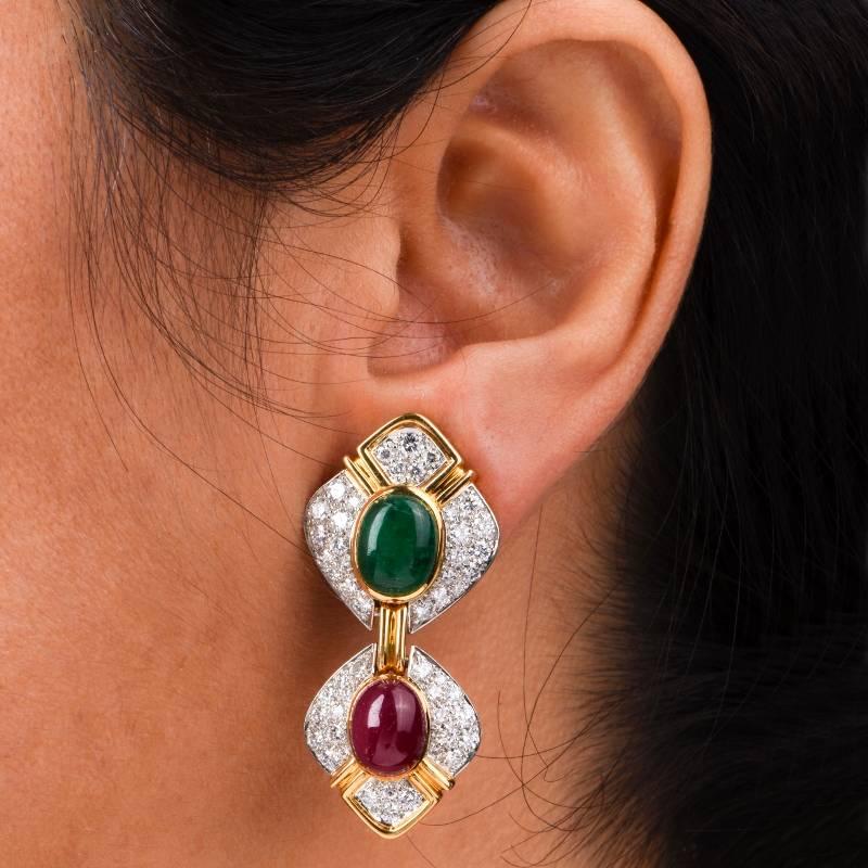 1980s Verdura Ruby Emerald Diamond Gold Clip-On Earrings 1