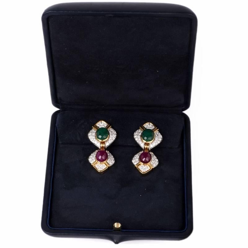 1980s Verdura Ruby Emerald Diamond Gold Clip-On Earrings 3