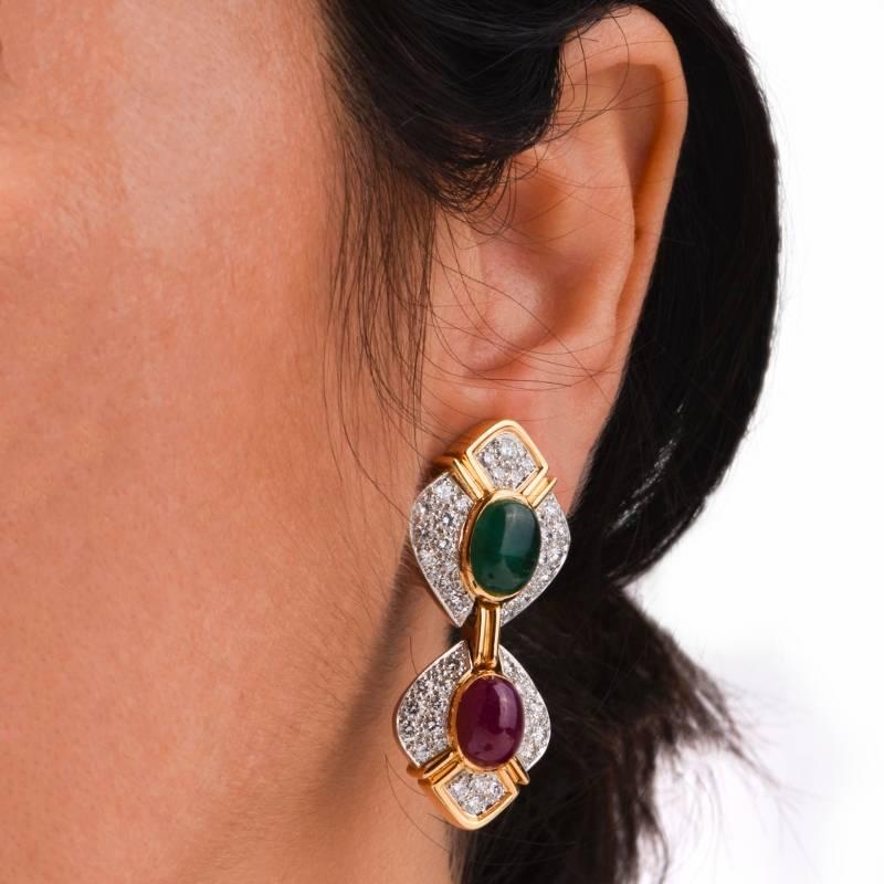 1980s Verdura Ruby Emerald Diamond Gold Clip-On Earrings 2