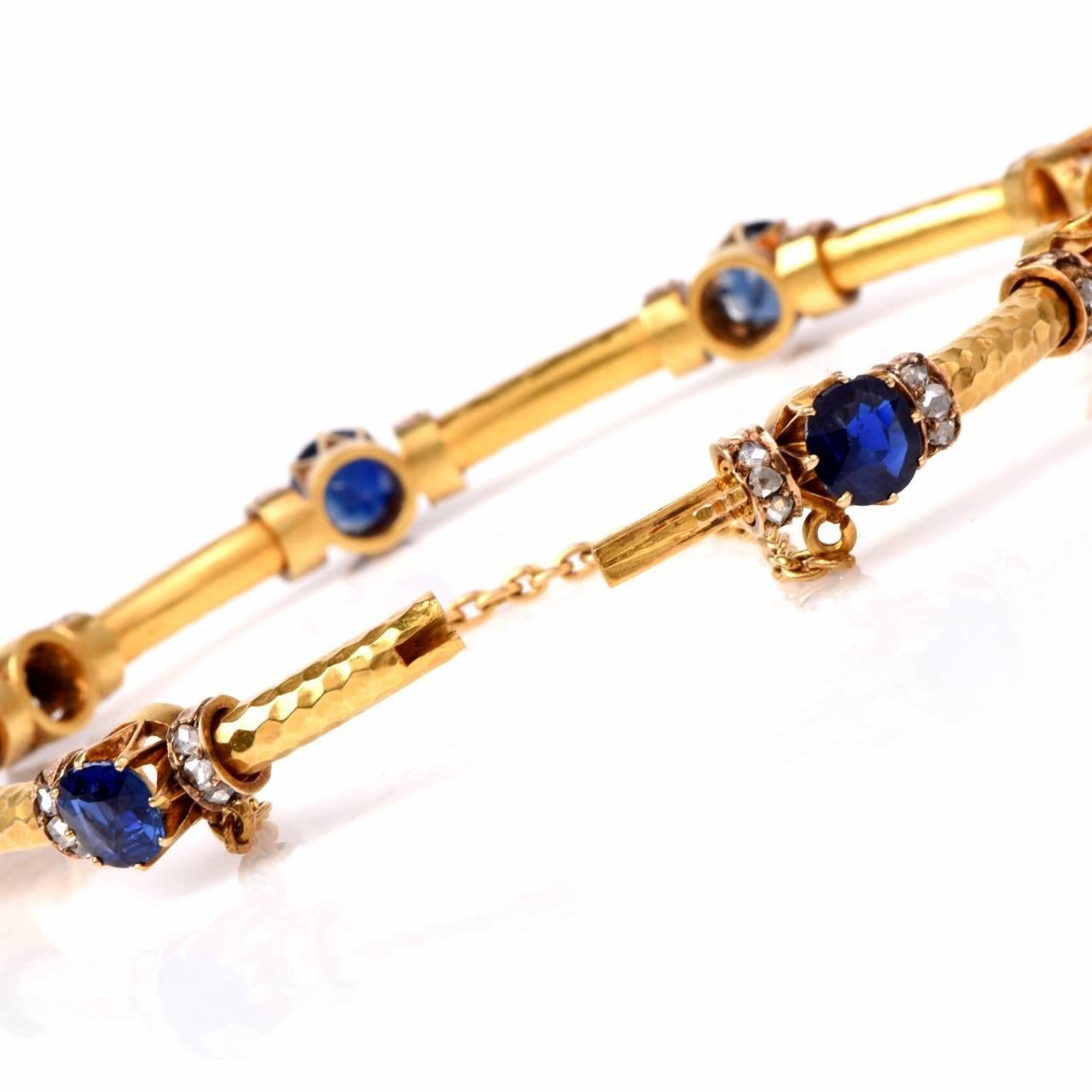 This exquisite antique Victorian bracelet is crafted in solid 18K yellow gold and features a total of 8 genuine oval & cushion cut natural corumdum sapphires (no indication of heat treatment according to prestige report from AGL) approx:11.55 cttw