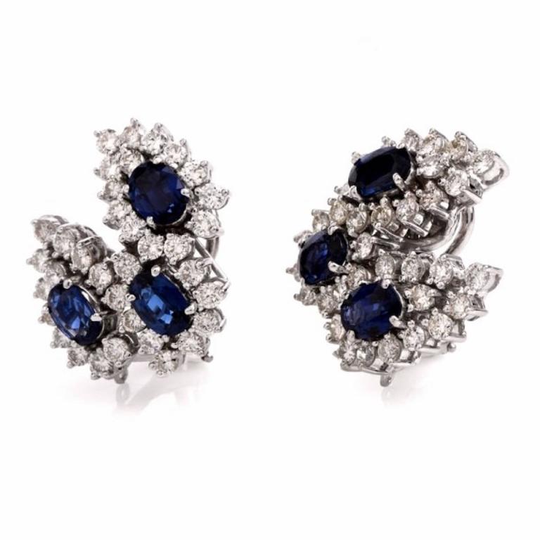 1960s Sapphire Diamond Gold Swirl Design Earrings For Sale at 1stDibs