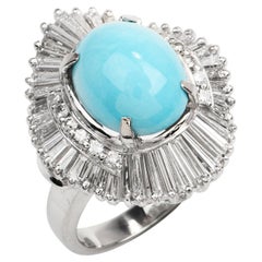 Bague cocktail de grande taille ballerine en platine avec turquoise naturelle et diamant certifié GIA