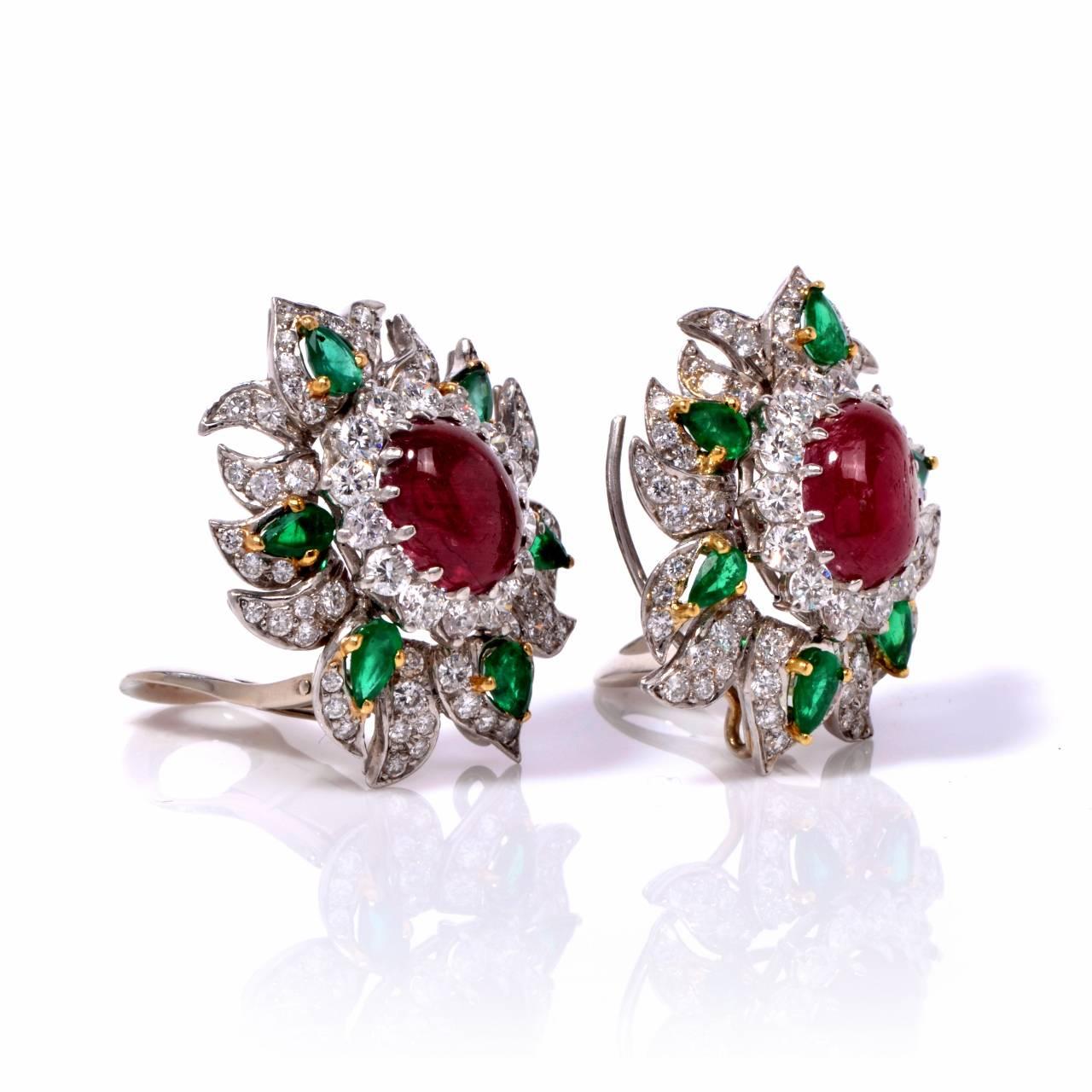 These vintage circa 1960's earrings are perfect for a night to remember, full of sparkle and the epitome of luxury, they will surely get you noticed! Finely crafted in solid platinum, they feature 2 genuine cabochon rubies approx. 6.00ct. The deep