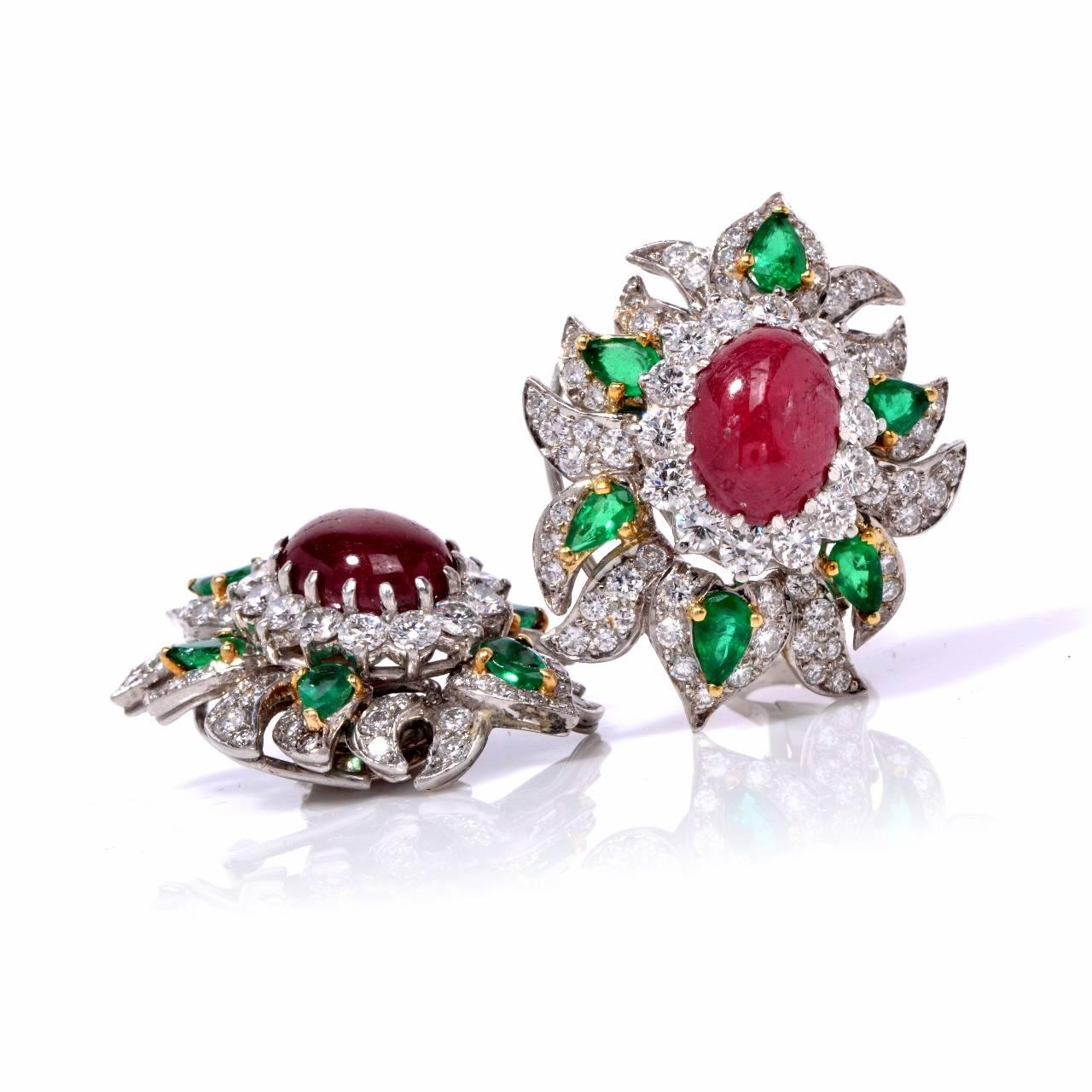 Ruby Emerald Diamond Platinum Clip Back  Earrings In Excellent Condition In Miami, FL
