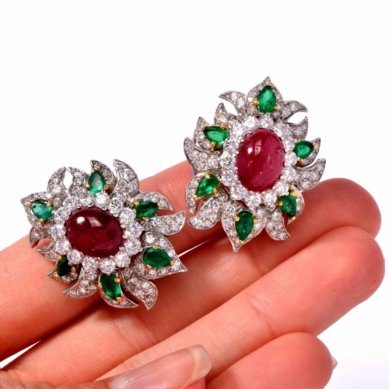 Women's Ruby Emerald Diamond Platinum Clip Back  Earrings