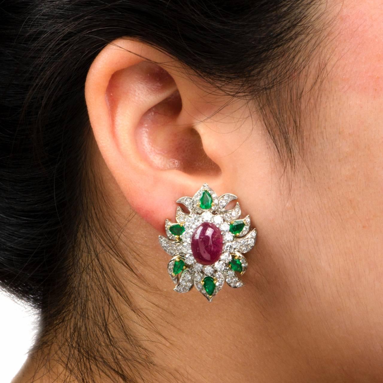 Ruby Emerald Diamond Platinum Clip Back  Earrings 1