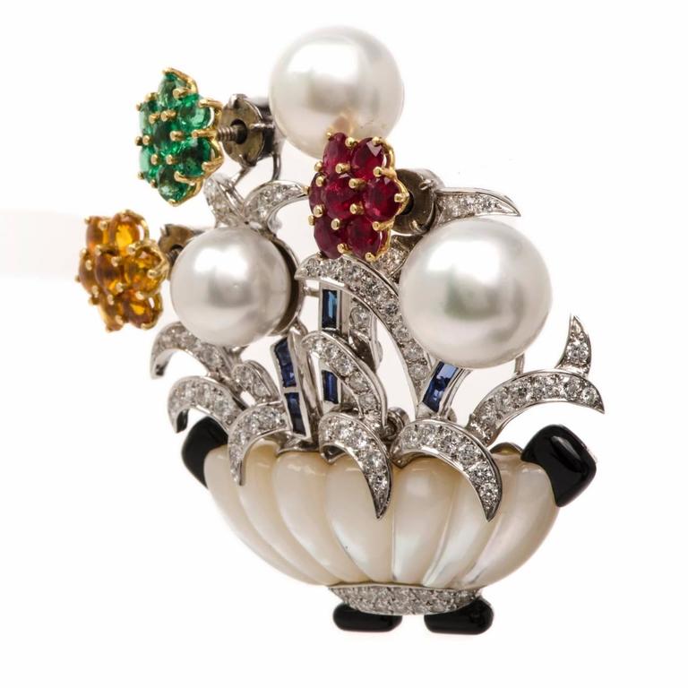 MultiGem Gold Flower Basket Lapel Brooch Pin For Sale at 1stdibs