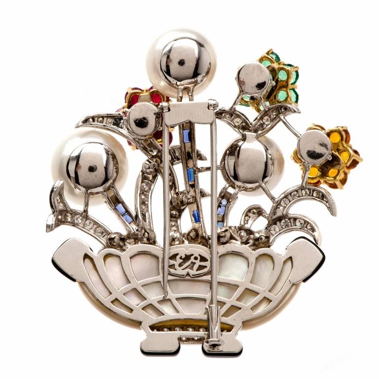 MultiGem Gold Flower Basket Lapel Brooch Pin For Sale at 1stdibs