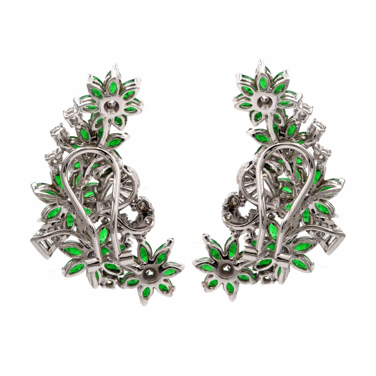 Modern Emerald Baguette and Round Diamond Gold Floral Design Earrings