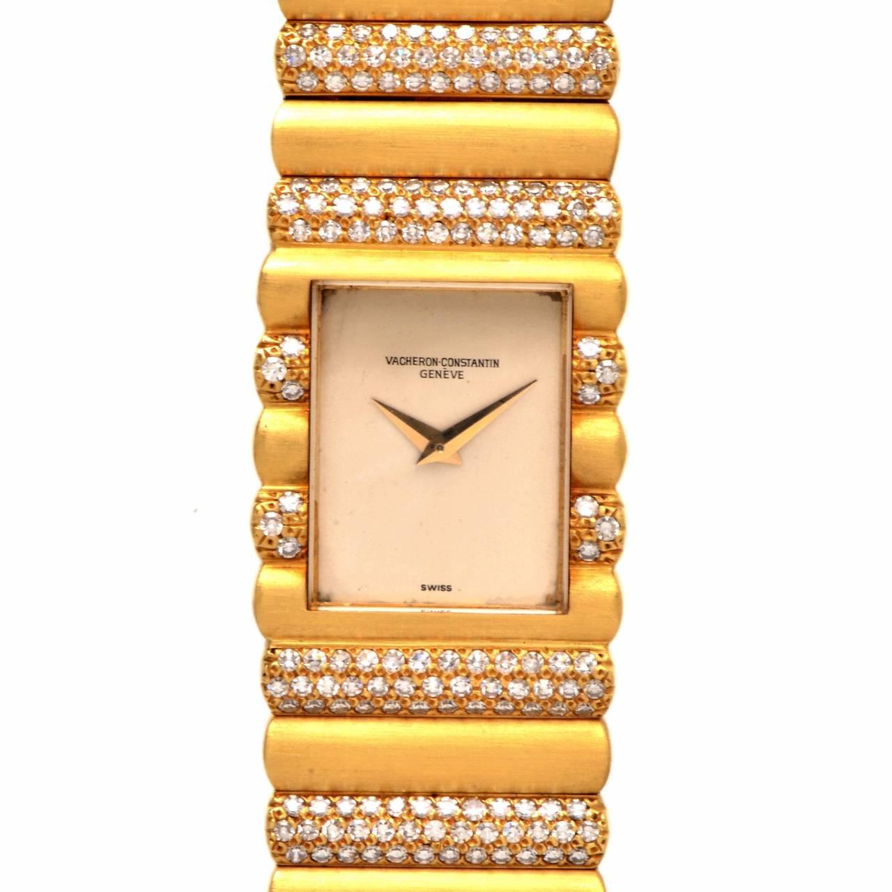 Vacheron Constantin unisex diamond 18k Gold watch REF 15006. 18k solid yellow gold case and bracelet with some 600 factory set genuine round diamonds approx.5.50 cuts High color, high clarity.

Vacheron Constantin Manual winding 22 jewels in
