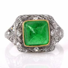Antique Art Deco Colombian Emerald Diamond Platinum Engagement Ring