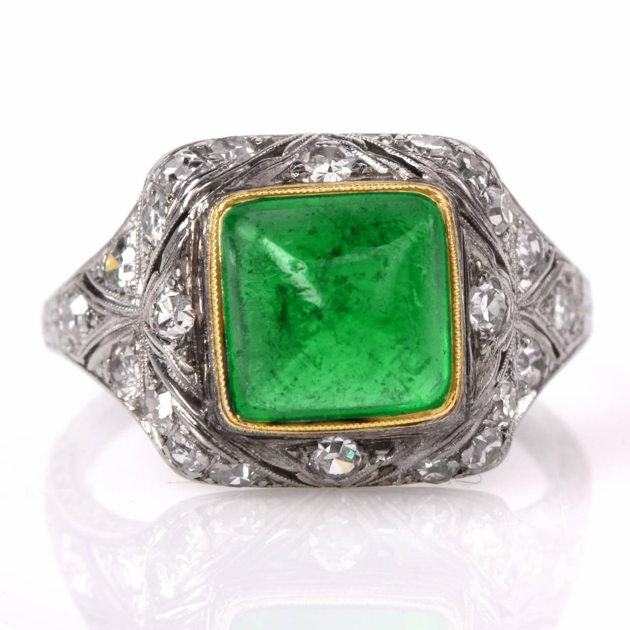 Antique Art Deco Colombian Emerald Diamond Platinum Engagement Ring at 1stdibs