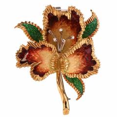 Vintage Italian Enamel Diamond Gold Orchid Lapel Brooch