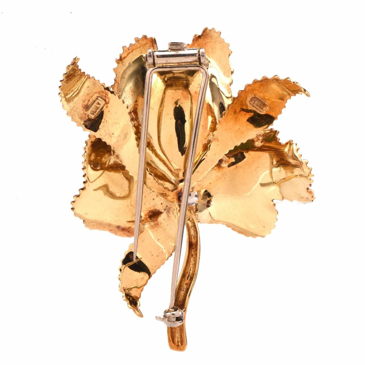 Italian Enamel Diamond Gold Orchid Lapel Brooch In Excellent Condition In Miami, FL