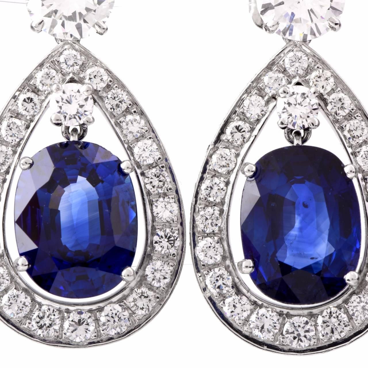 Certified Sapphire Diamond Platinum Drop Earrings In Excellent Condition In Miami, FL