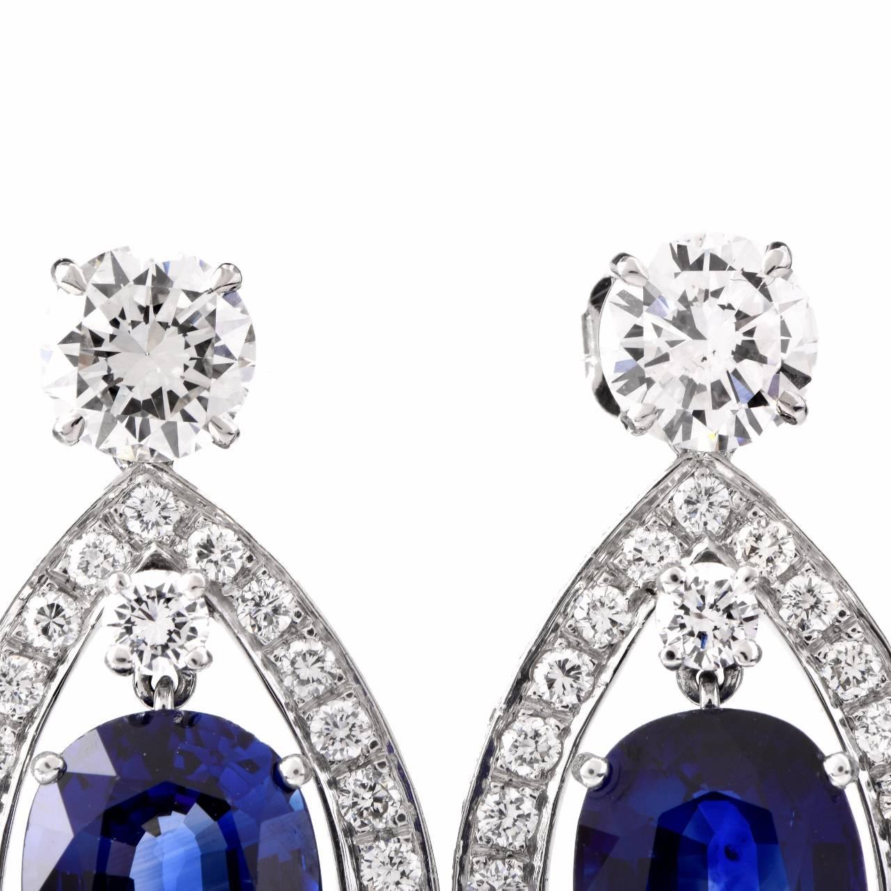 Women's Certified Sapphire Diamond Platinum Drop Earrings