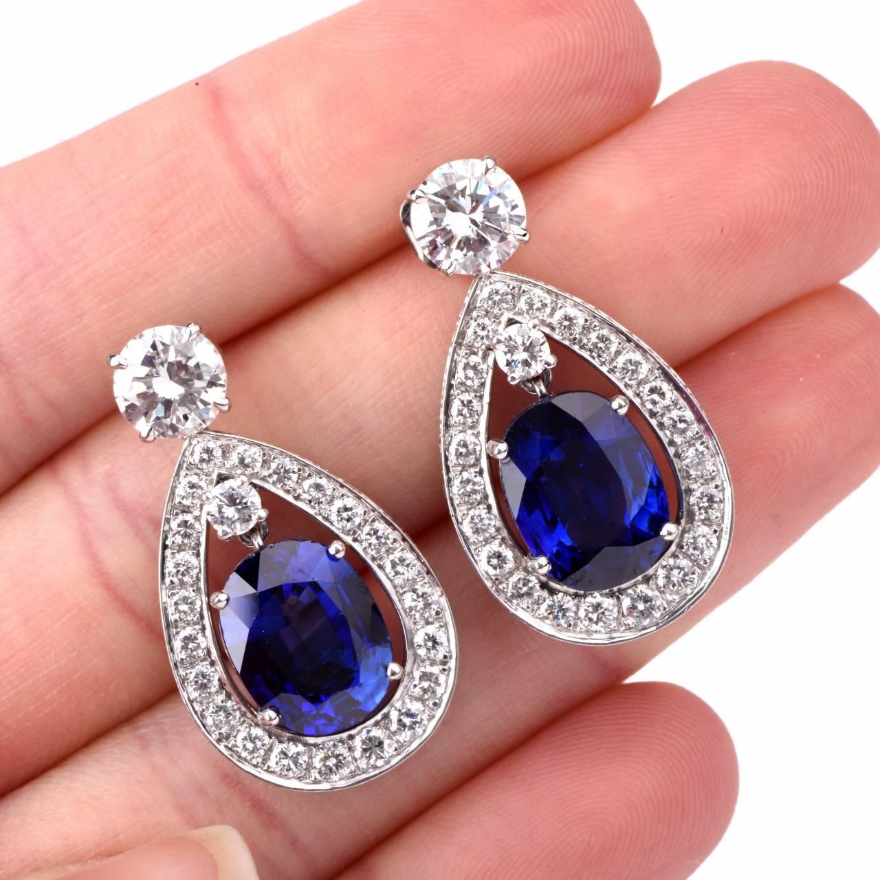 Certified Sapphire Diamond Platinum Drop Earrings 1