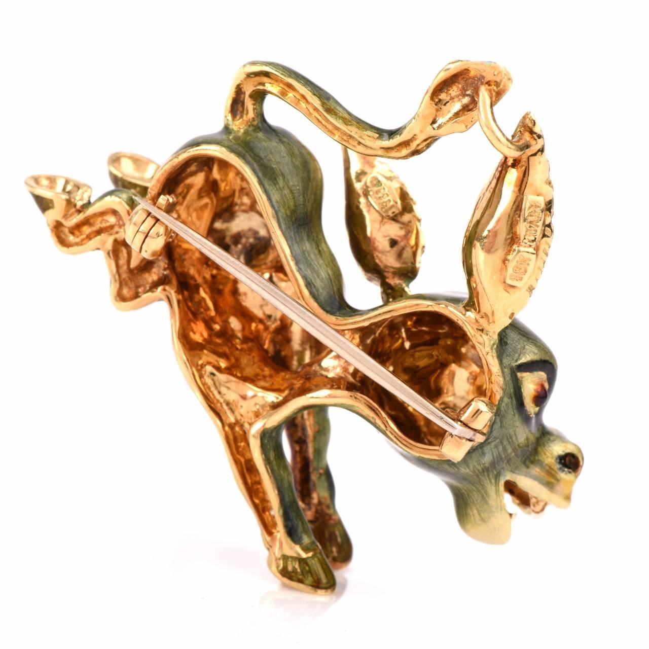 Italian Enamel Diamond Gold Donkey Pin  In Excellent Condition In Miami, FL