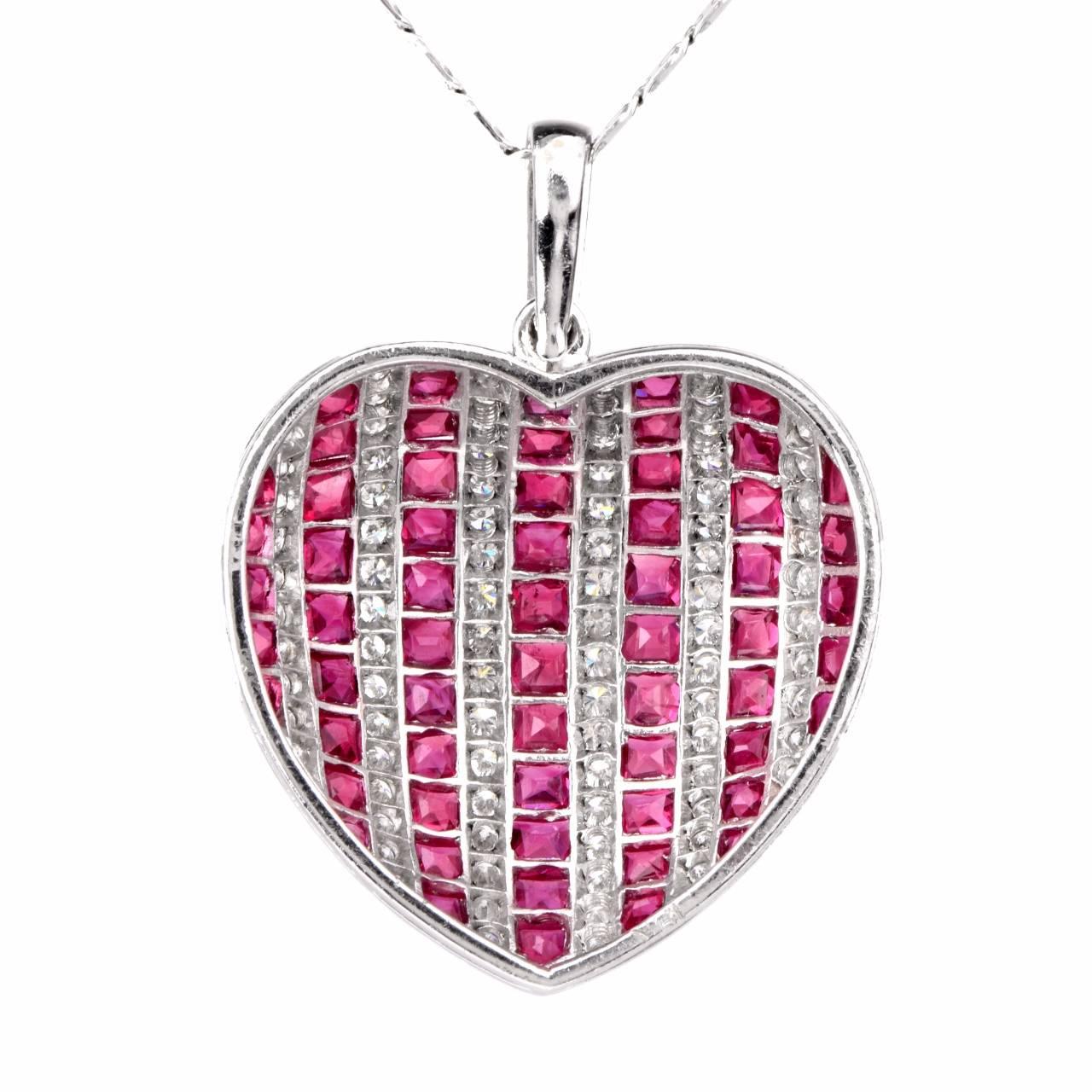  Ruby Diamond Gold Heart Pendant Necklace In Excellent Condition In Miami, FL