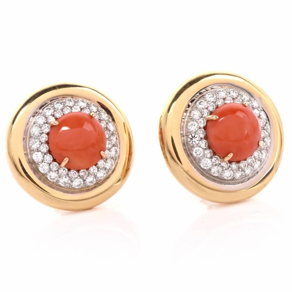 Women's Coral Diamond Gold Clip Earrings