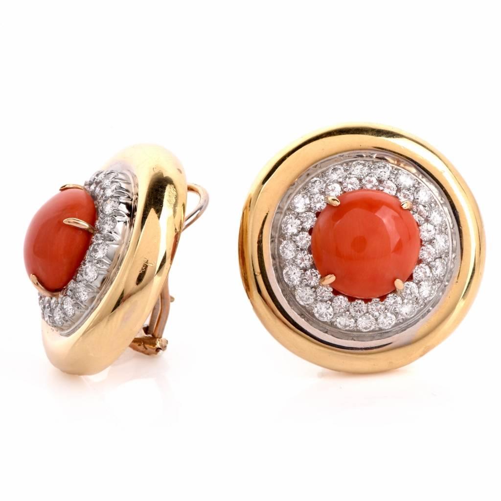 Coral Diamond Gold Clip Earrings In Excellent Condition In Miami, FL