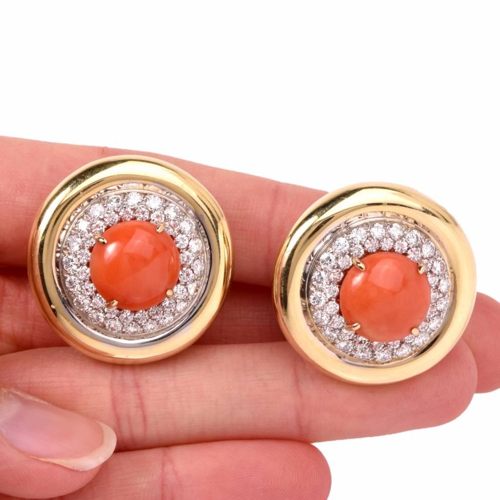 Modern Coral Diamond Gold Clip Earrings