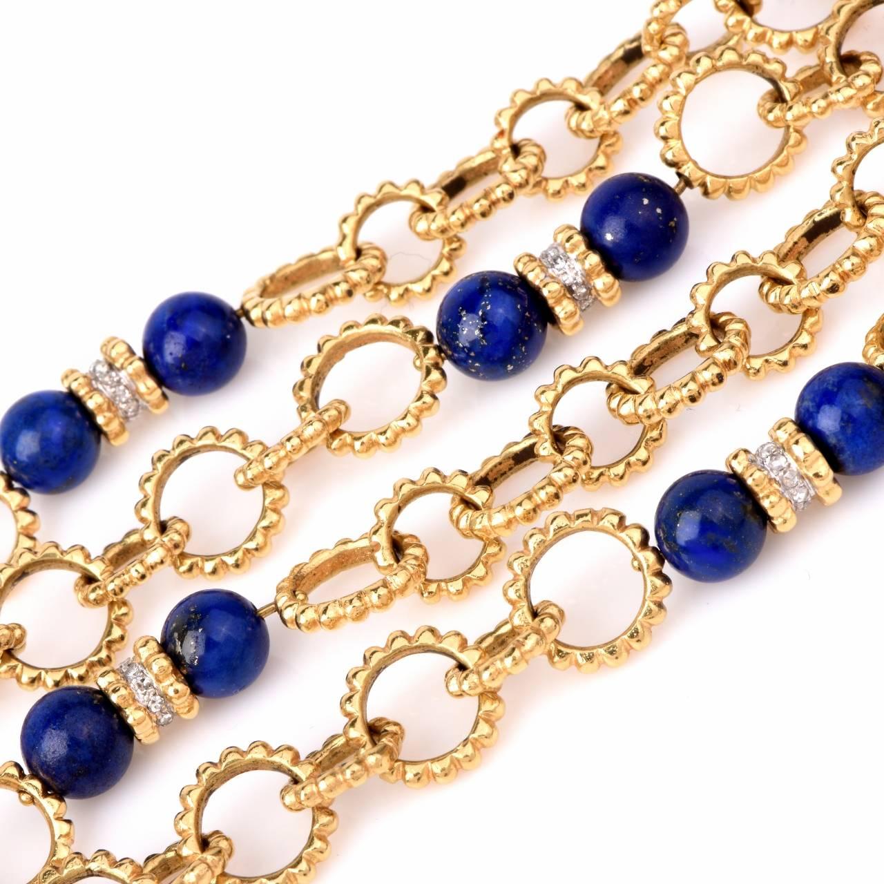 Artisan Lapis Lazuli Diamond Gold Long Chain Necklace