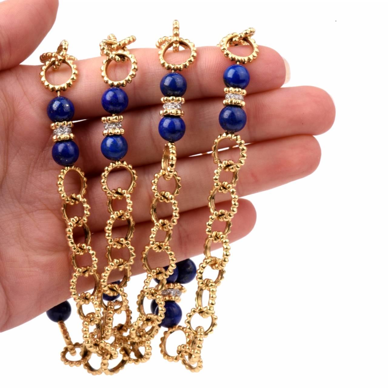 Lapis Lazuli Diamond Gold Long Chain Necklace In Excellent Condition In Miami, FL
