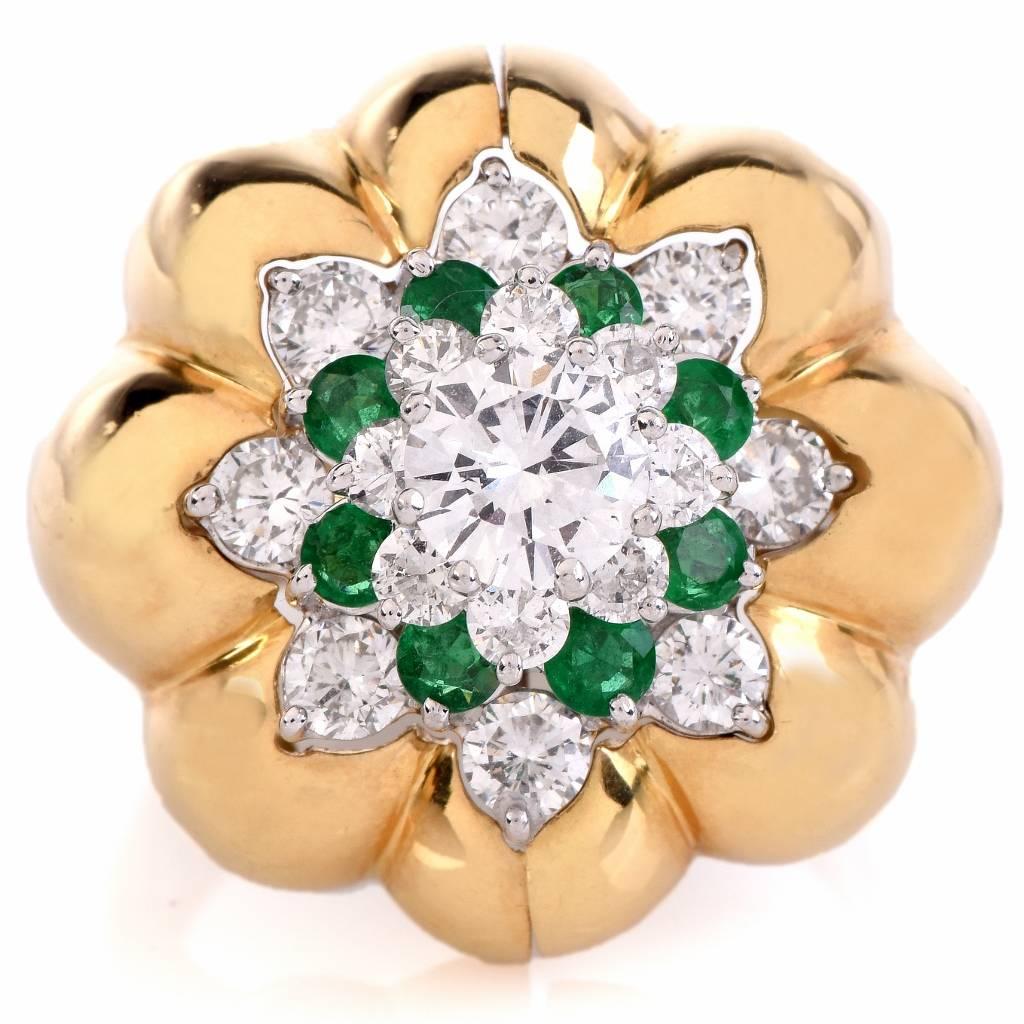 Women's 1970s Emerald Diamond Platinum Gold Insert Ring