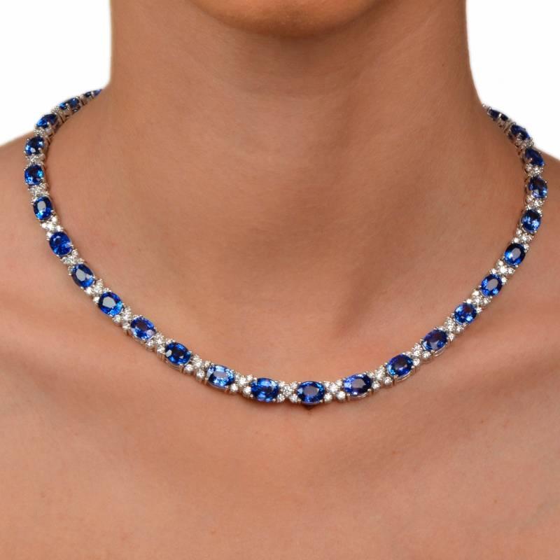 Women's  Ceylon Sapphire Diamond Gold Riviere Necklace