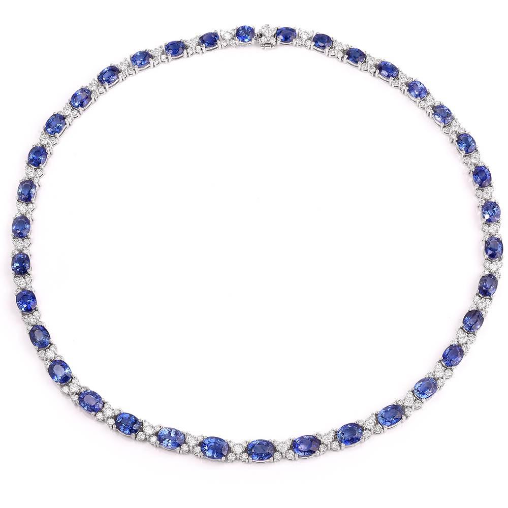  Ceylon Sapphire Diamond Gold Riviere Necklace In Excellent Condition In Miami, FL