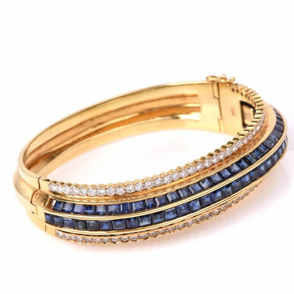 Blue Sapphire Diamond Gold Bangle Bracelet In Excellent Condition In Miami, FL