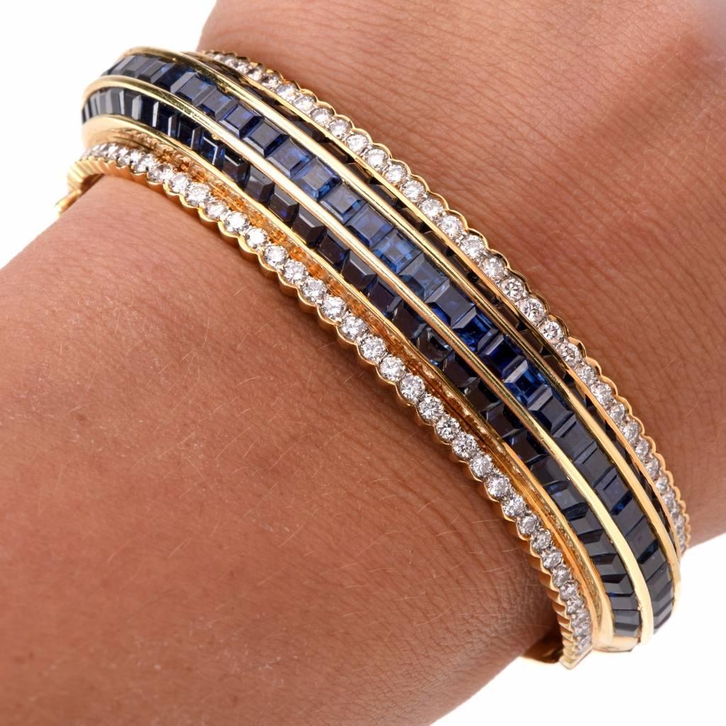Blue Sapphire Diamond Gold Bangle Bracelet 2