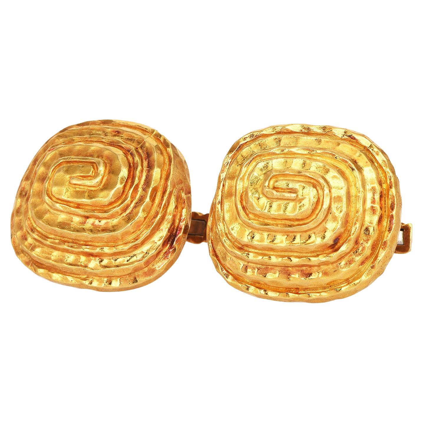 David Webb Vintage 18K Yellow Gold Spiral Greek Pattern Large Cufflinks