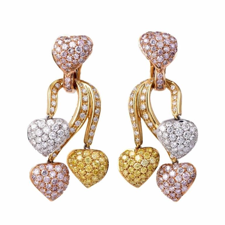 Certifie Natural Gia Diamond Pink Yellow White Gold Heart Drop Certifie Natural Gia Diamond Pink Yellow White Gold Heart Drop Earrings In Excellent Condition For